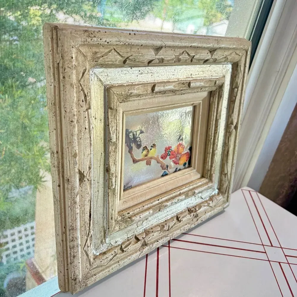 Vintage Jean Lucey Enamel on Copper Bird Art Carved Wood Frame